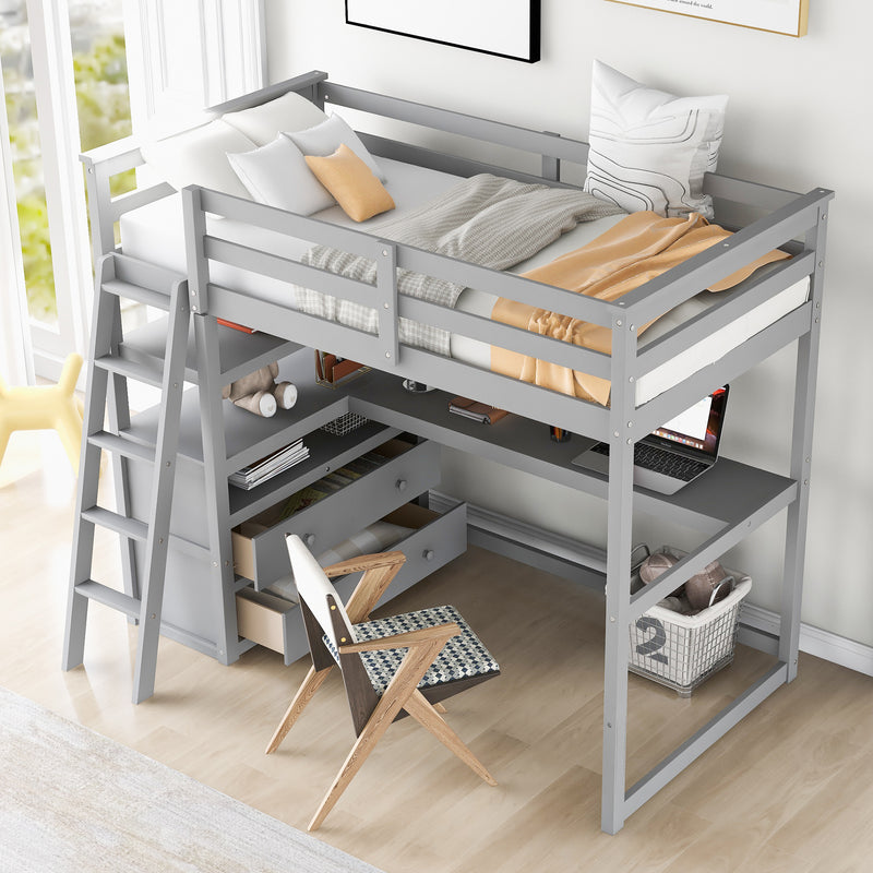 Twin Size Loft Bed with Desk and Shelves, Two Built-in Drawers, Gray(old SKU:GX000803AAE-1)