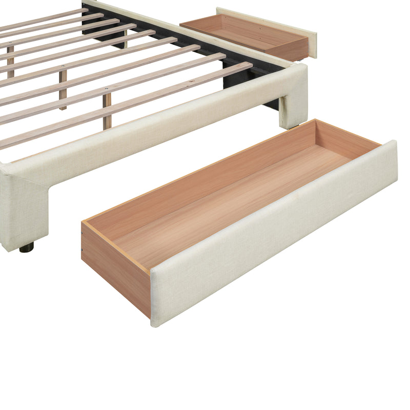 Queen Size Upholstered Platform Bed with One Large Drawer in the Footboard and Drawer on Each Side,Beige