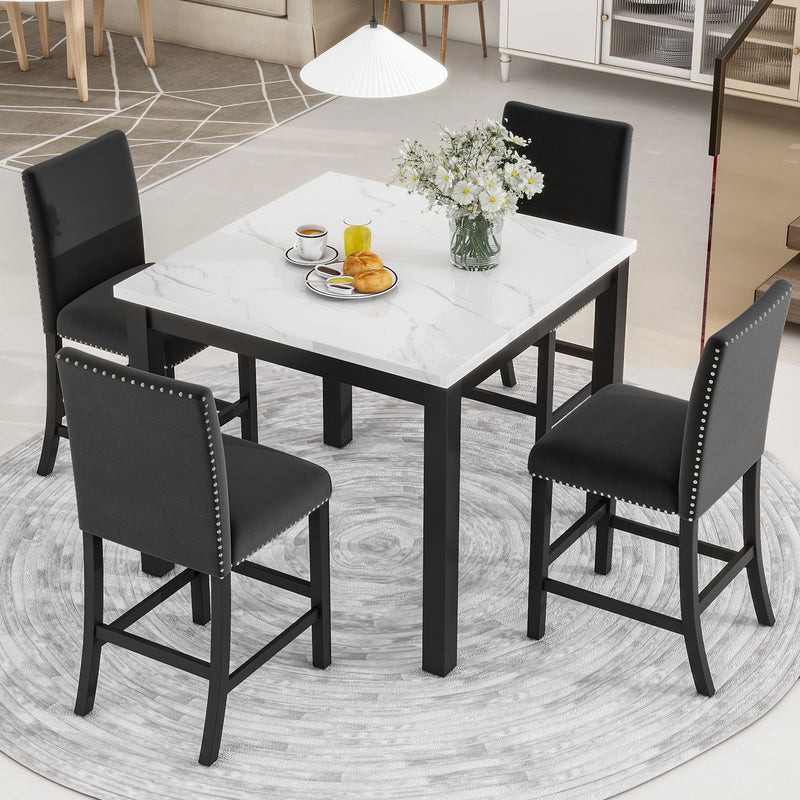 5-Piece Counter Height Dining Table Set With One Faux Marble Top Dining Table And Four Velvet Upholstered Chairs