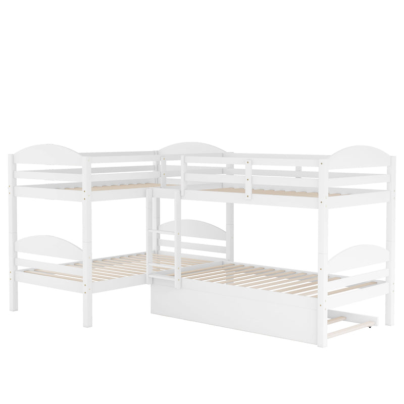 Twin L-Shaped Bunk Bed With Trundle - White