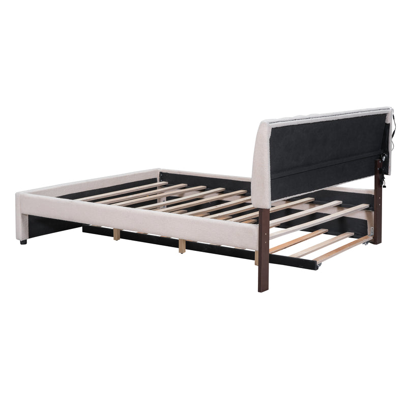 Teddy Fleece Queen Size Upholstered Platform Bed with Trundle, Beige