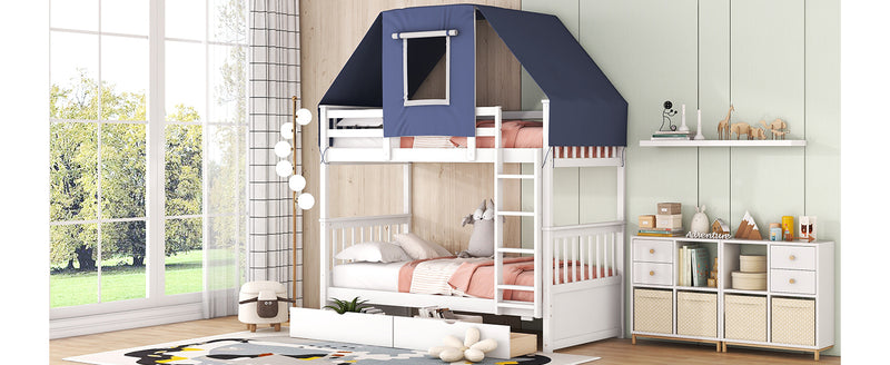 Twin Over Twin Bunk Bed Wood Bed with Tent and Drawers, White+Blue Tent