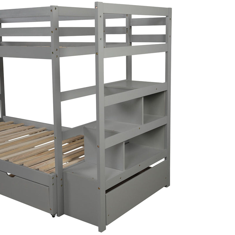 Twin Over Twin / King (Irregular King Size) Bunk Bed With Twin Size Trundle, Extendable Bunk Bed - Gray