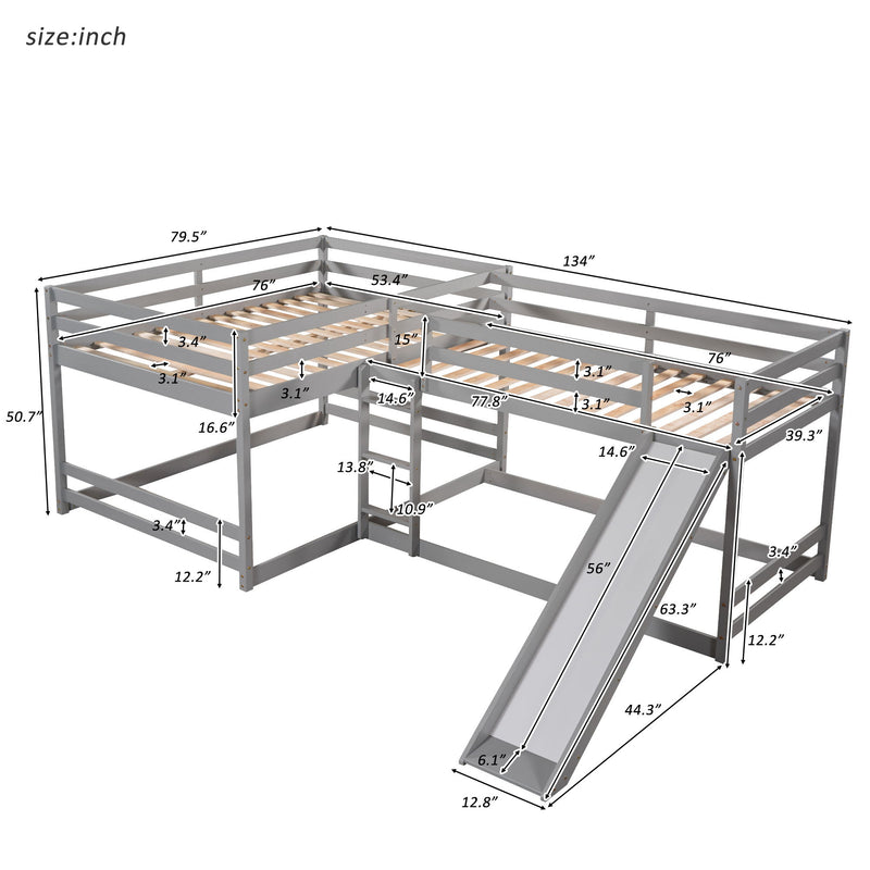 L-Shaped Bunk Bed With Slide And Short Ladder