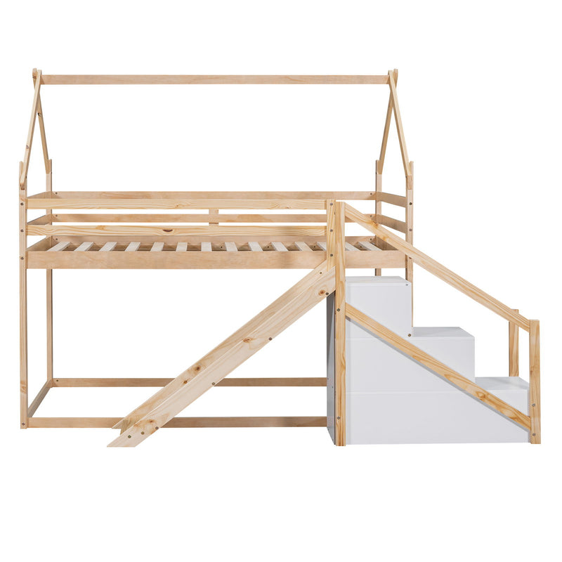 Twin Over Twin House Loft Or Bunk Bed With Slide And Staircase