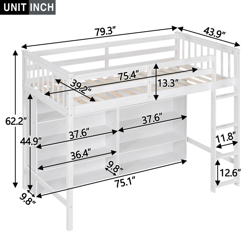 Twin Size Loft Bed with 8 Open Storage Shelves and Built-in Ladder, White