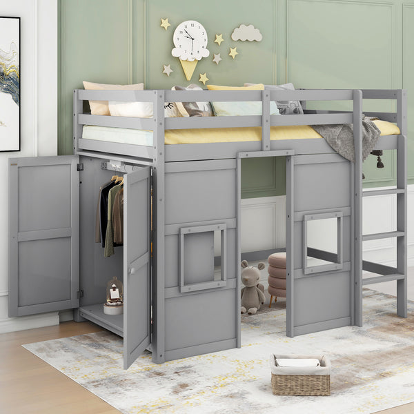 Wood Twin Size Loft Bed with Built-in Storage Wardrobe and 2 Windows, Gray