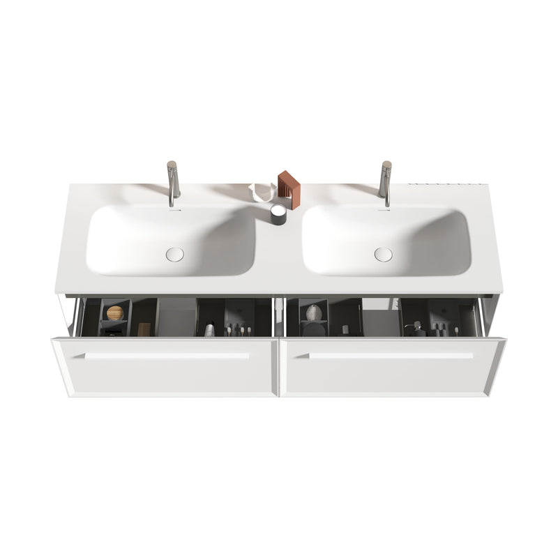 U052-Nevia60W-206 Nevia Bathroom Vanity With Automatic LED Drawer Light, Wall Mounted Bathroom Vanity With Integrated Solid Surface Sink, Without Drain - Snow White