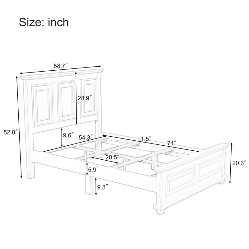 Traditional Town and Country Style Pinewood Vintage Full Bed, Stone