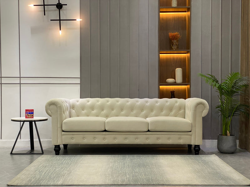 Chesterfield Sofa, 3-Seater Plush Fabric With Tufted Buttons And Wooden Legs, Classic Design - Beige