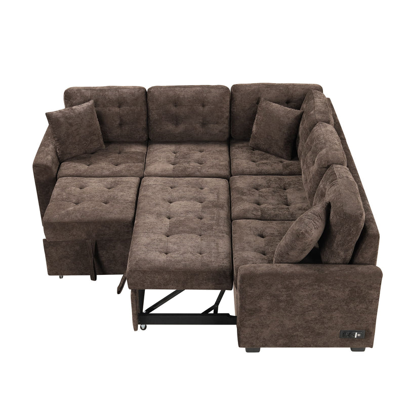 L-Shape Sofa Bed Pull-Out Sleeper Sofa With Wheels, USB Ports, Power Sockets For Living Room