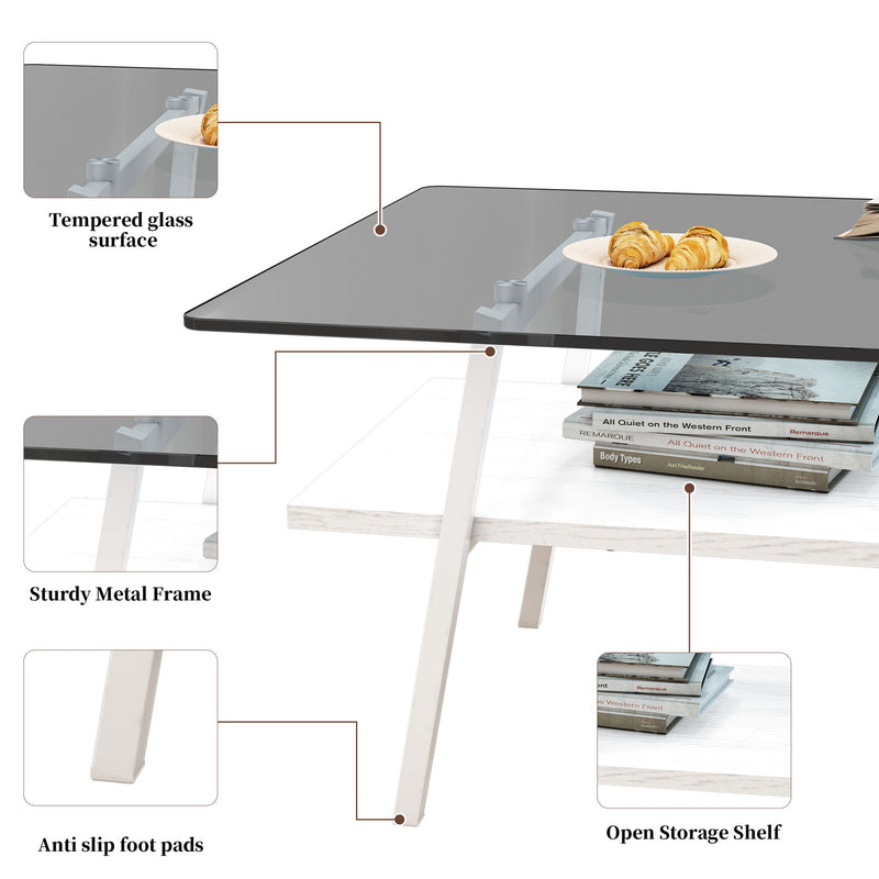 Rectangle Coffee Table, Tempered Glass Tabletop With Metal Legs