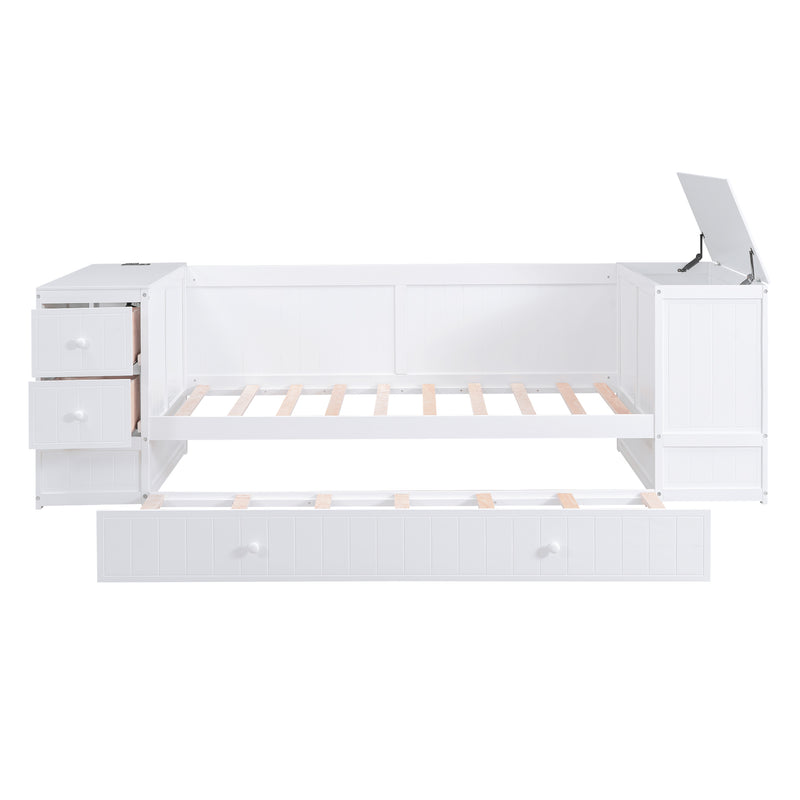 Twin Size Daybed with Storage Arms, Trundle and Charging Station, White