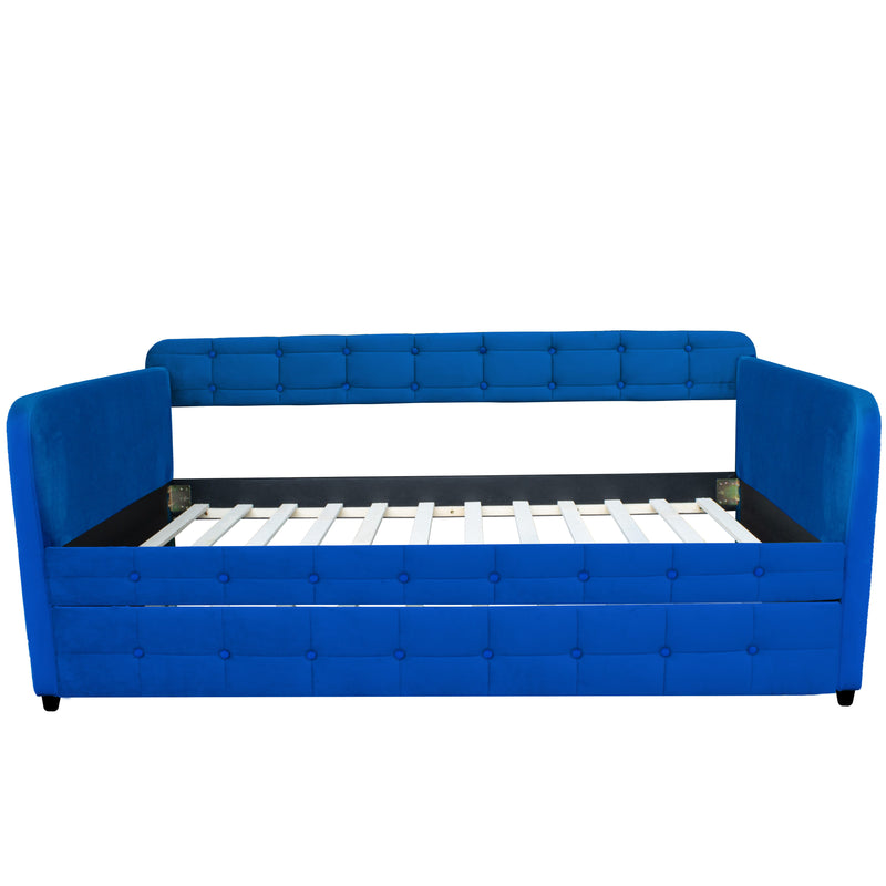 Upholstered Twin Size Daybed Bed Frame (Corner Bed) With Trundle, Velvet Fabric, Studding Design, No Box Spring Required