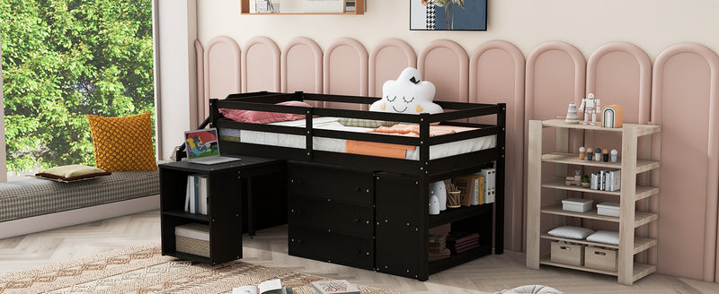 Twin Size Loft Bed with Retractable Writing Desk and 3 Drawers, Wooden Loft Bed with Storage Stairs and Shelves, Espresso