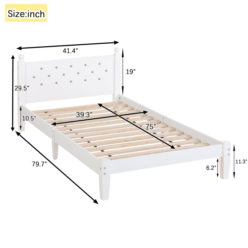 Twin Bed With Button-Decoration Headboard, With Bed Slats - White