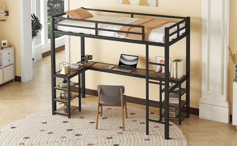 Twin XL Metal Loft Bed with Desk and Shelves, Loft Bed with Ladder and Guardrails, Loft Bed Frame for Bedroom, Black