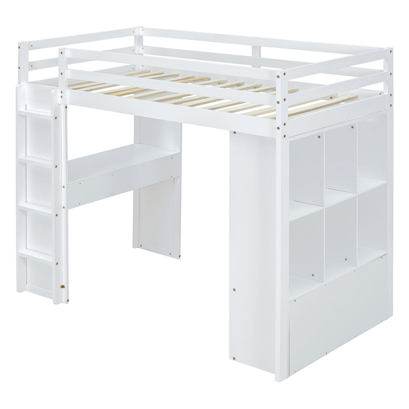 Twin Size Loft Bed with large shelves, writing desk and LED Light, White