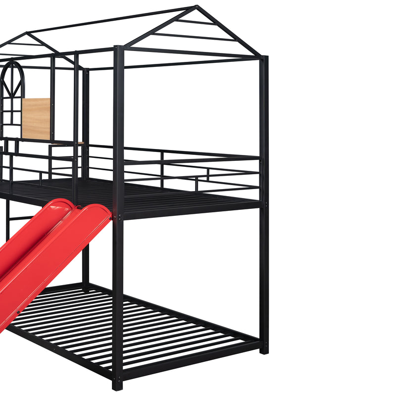 Twin Over Twin Metal Bunk Bed ,Metal Housebed With Slide,Three Colors Available.(Black with Red Slide)(OLD SKU :LP000095AAJ)