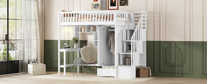 Twin size Loft Bed with Bookshelf,Drawers,Desk,and Wardrobe-White