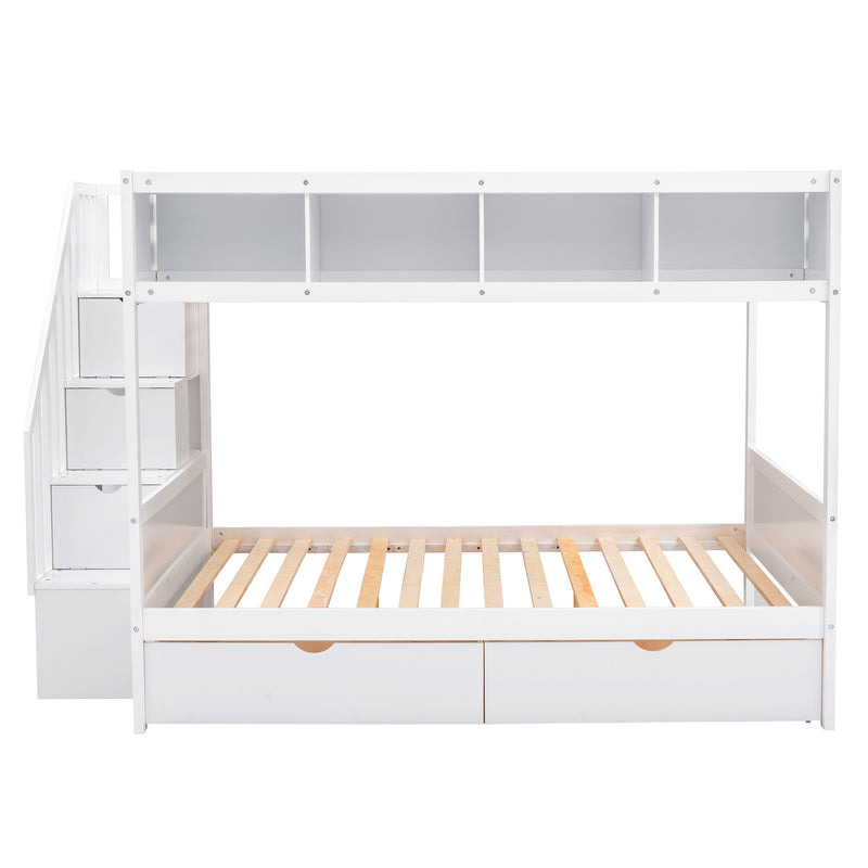 Twin over Full Bunk Bed with Shelfs, Storage Staircase and 2 Drawers, White