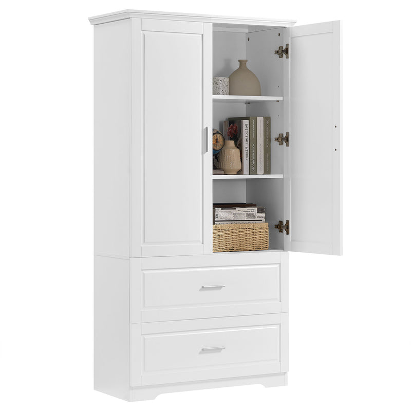 Tall Bathroom Storage Cabinet, With Two Doors And Drawers, Adjustable Shelf, MDF Board - White