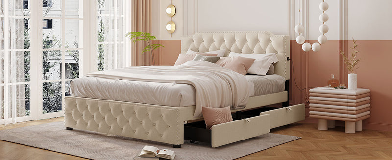 Queen Size Upholstered Platform Bed with 2 Drawers and 2 sets of USB Ports on each side, Linen Fabric, Beige