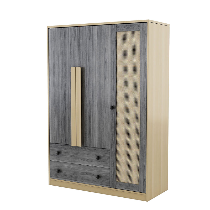 3 Doors Rattan Wardrobe Storage For Bedroom, With 2 Drawers