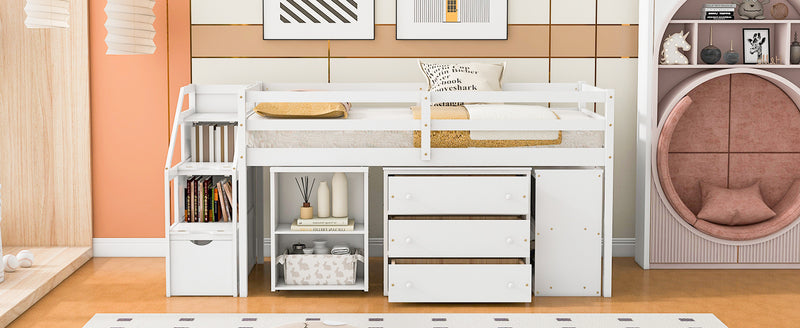 Twin Size Loft Bed with Retractable Writing Desk and 3 Drawers, Wooden Loft Bed with Storage Stairs and Shelves, White