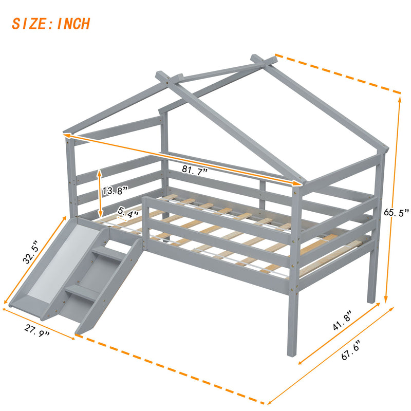 Low Loft House Bed With Slide, Ladder, Safety Guardrails, House Roof Frame