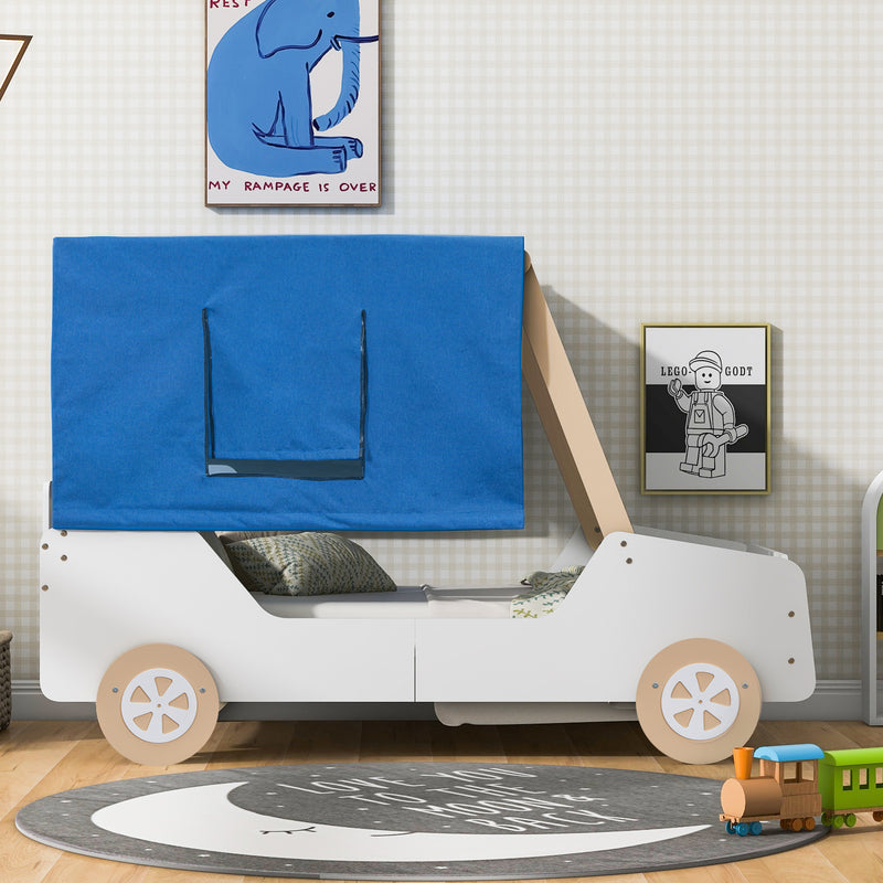 Twin Size Car Shaped Bed with Tents,White+Natural