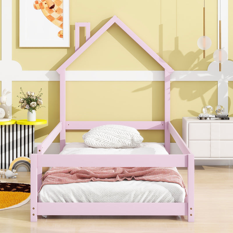 Twin Size Wood bed with House-shaped Headboard Floor bed with Fences,Pink