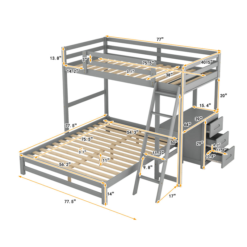 Twin over Full Bunk Bed with Built-in Desk and Three Drawers,Grey