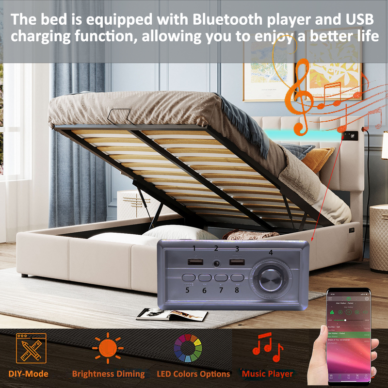 Upholstered Bed Queen Size with LED light, Bluetooth Player and USB Charging, Hydraulic Storage Bed in Beige Velvet Fabric