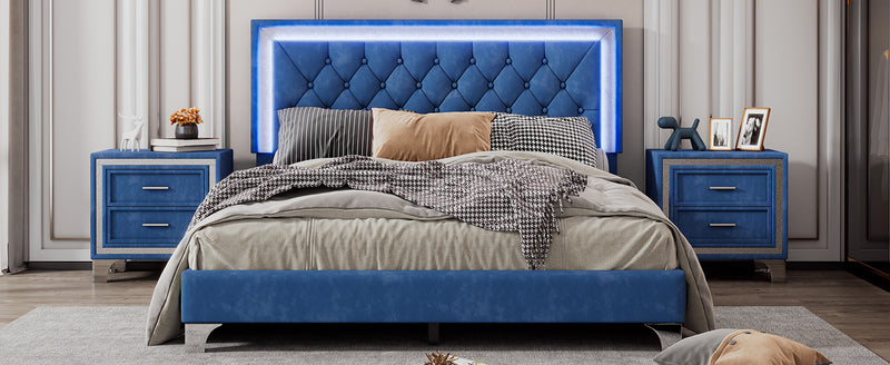 Queen Size Upholstered Bed Frame with LED Lights,Modern Velvet Platform Bed with Tufted Headboard,Blue