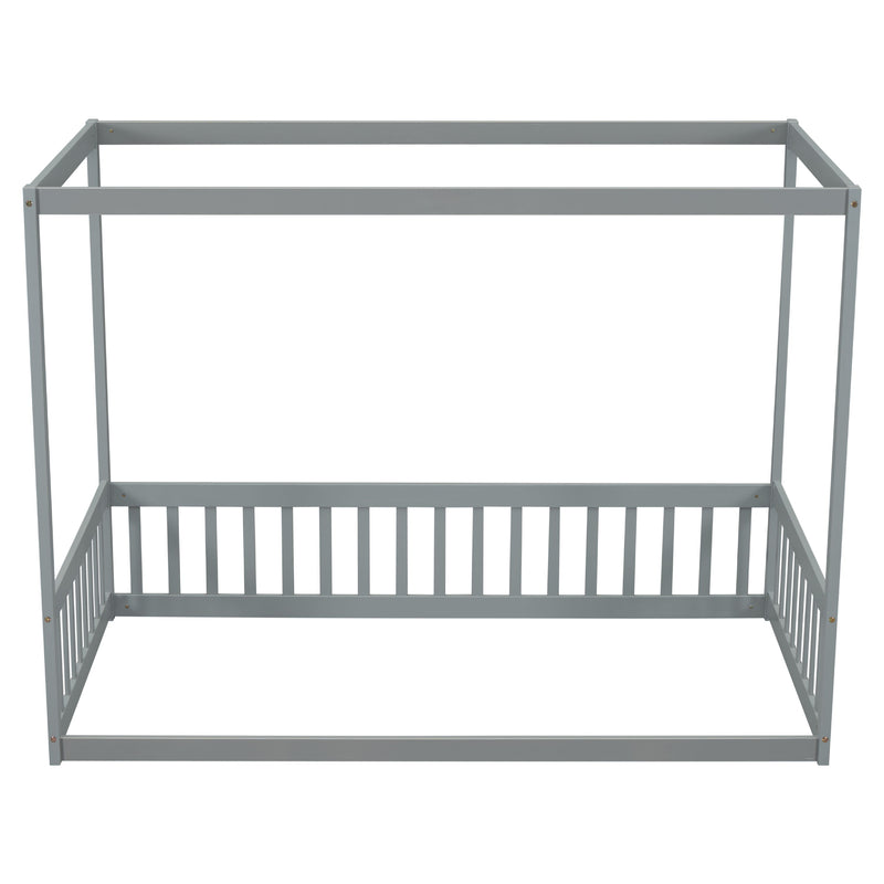 Canopy Frame Floor Bed With Fence, Guardrails