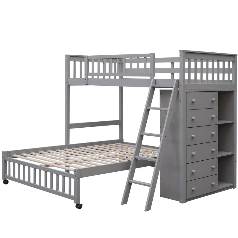 Wooden Twin Over Full Bunk Bed With Six Drawers And Flexible Shelves,Bottom Bed With Wheels,Gray(OLD SKU:LP000531AAE)