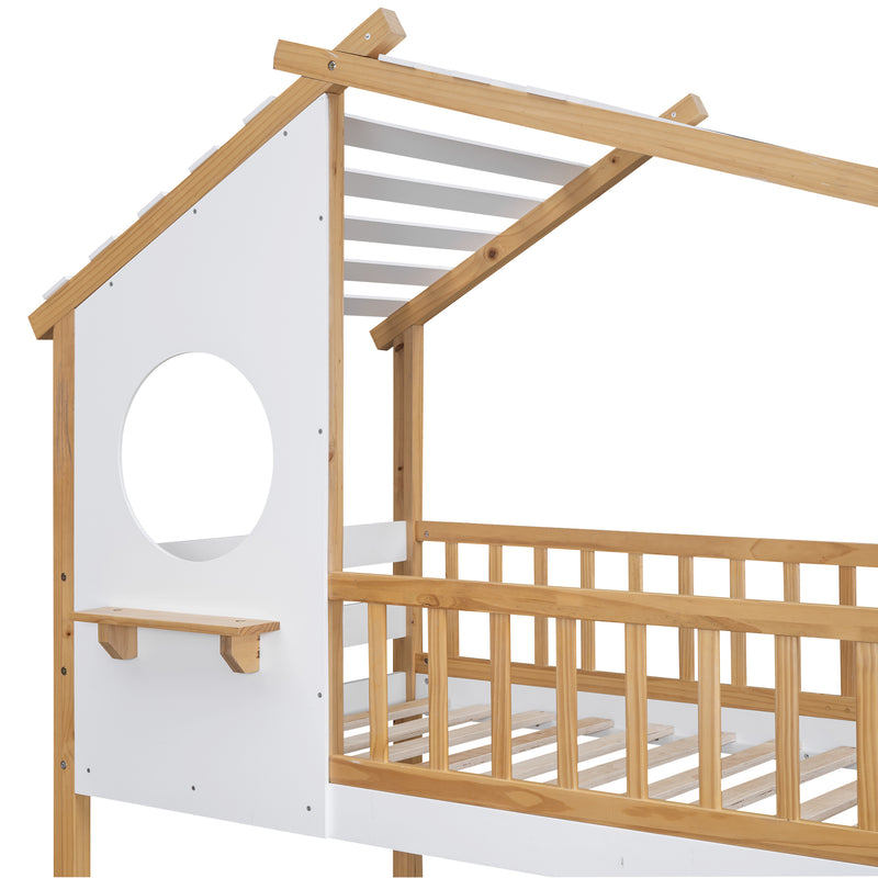 Twin Over Twin Bunk Bed Wood Bed with Roof, Window, Ladder,Natural(OLD SKU :LT100008AAD)