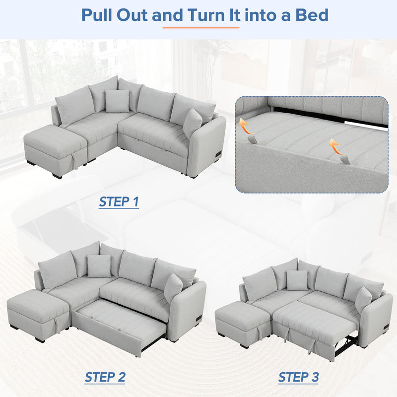 L-Shaped Sectional Pull Out Sofa Bed Sleeper Sofa With Two USB Ports, Two Power Sockets And A Movable Storage Ottoman