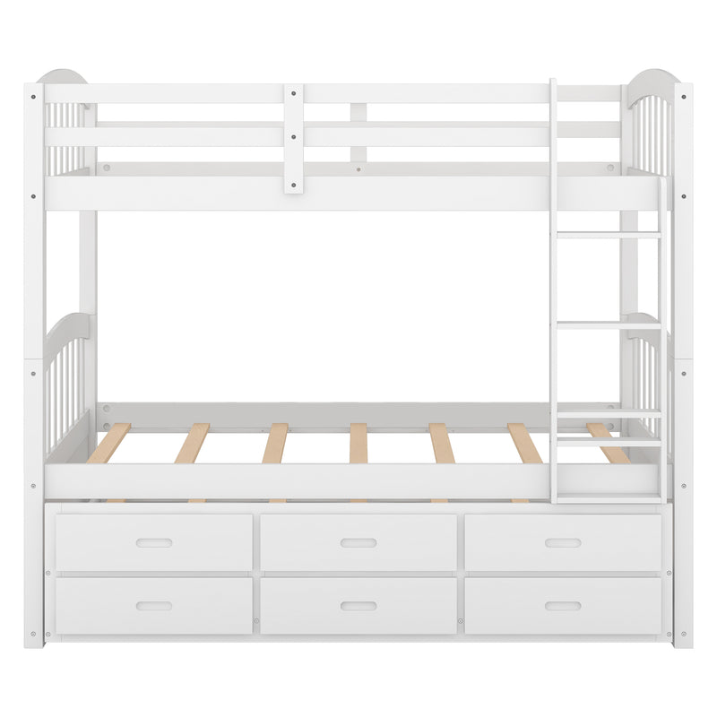 Twin over Twin Wood Bunk Bed with Trundle and Drawers,White