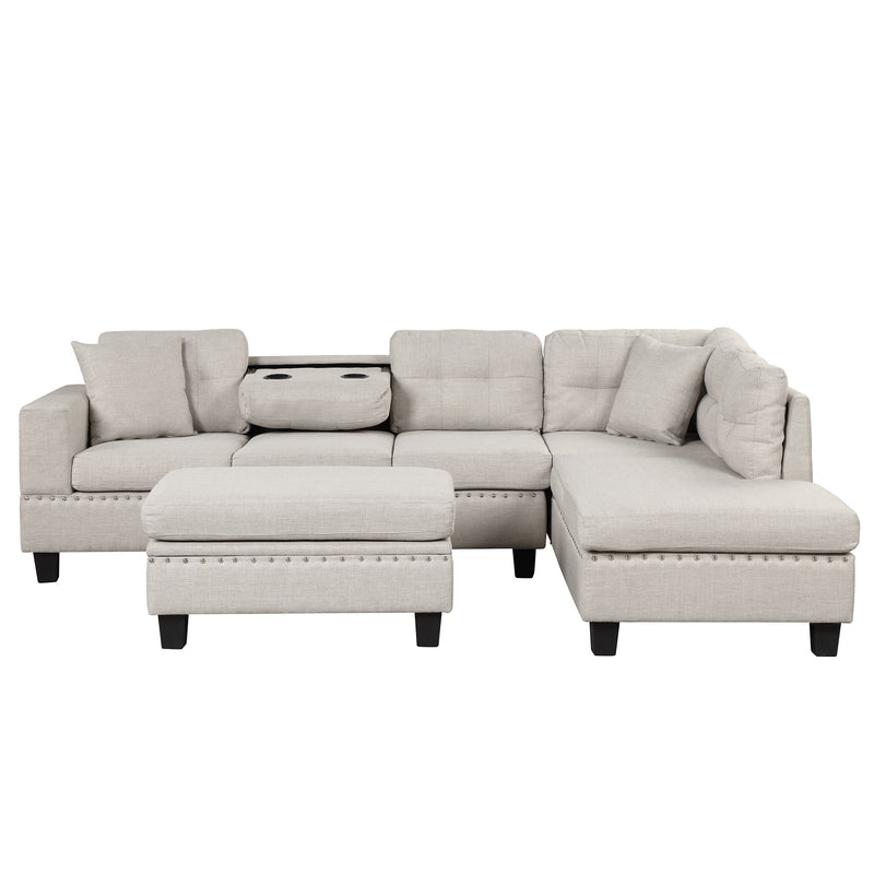 Modern Sectional Sofa With Storage Ottoman, L-Shape Couch With 2 Pillows And Cup Holder, Sectional Sofa With Reversible Chaise For Living Room