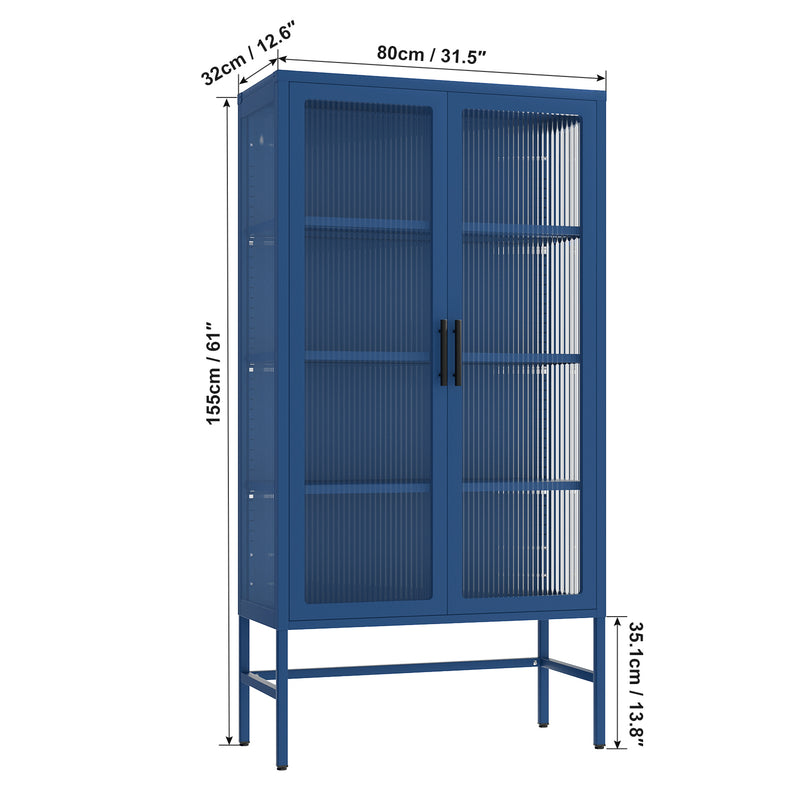 Double Glass Door Storage Cabinet with Adjustable Shelves and Feet Cold-Rolled Steel Sideboard Furniture for Living Room Kitchen BLUE