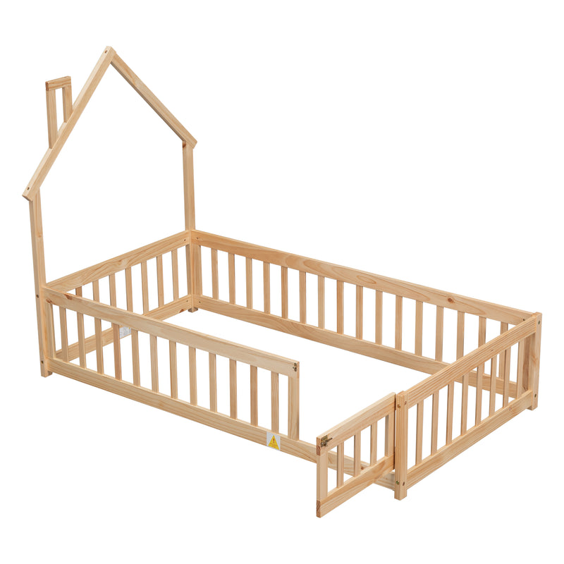 Twin House-Shaped Headboard Floor Bed with Fence
,Natural