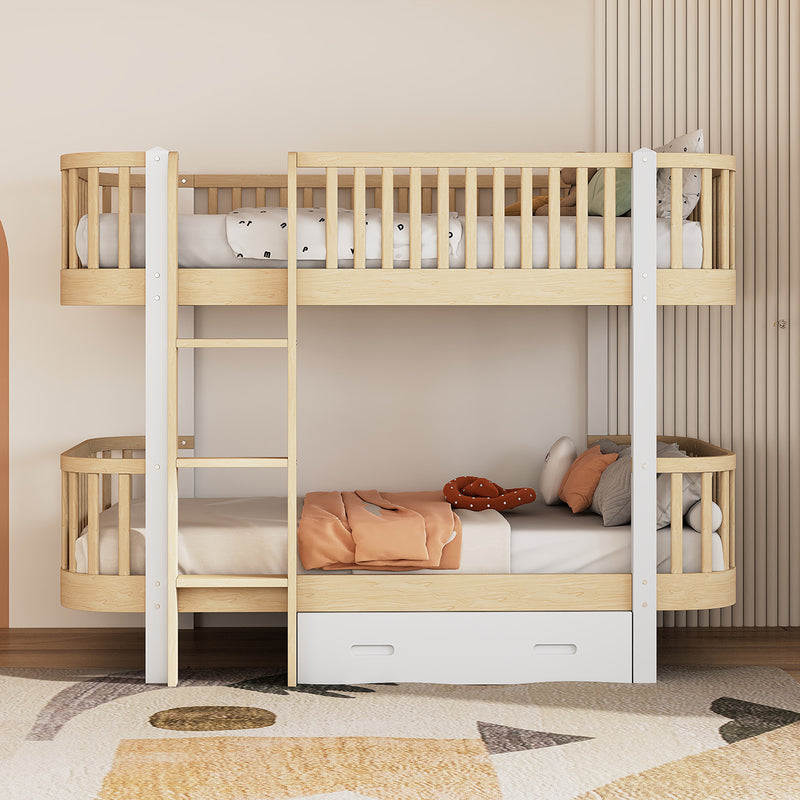 Wood Twin over Twin Bunk Bed with Fence Guardrail and a Big Drawer, Natural White