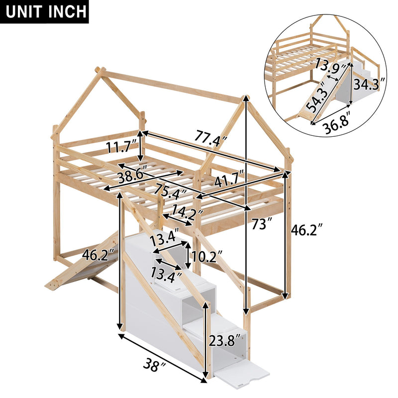 Twin Over Twin House Loft Or Bunk Bed With Slide And Staircase