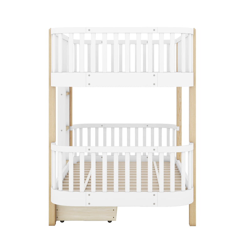 Wood Twin over Twin Bunk Bed with Fence Guardrail and a Big Drawer, White