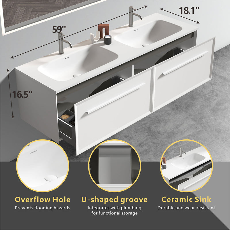 U052-Nevia60W-206 Nevia Bathroom Vanity With Automatic LED Drawer Light, Wall Mounted Bathroom Vanity With Integrated Solid Surface Sink, Without Drain - Snow White