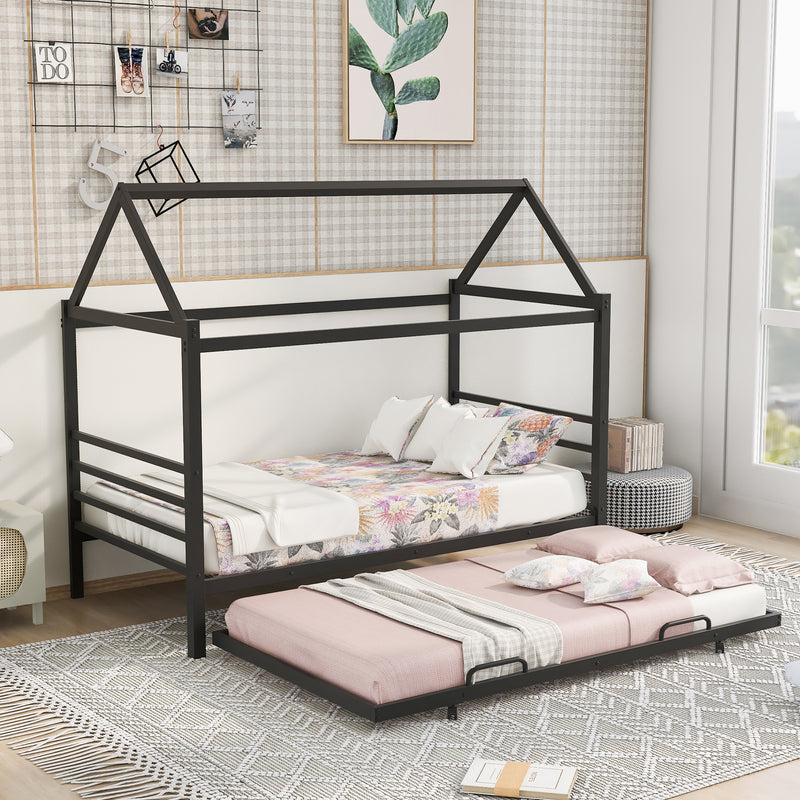 Twin Size Metal House Shape Platform Bed with Trundle,Black