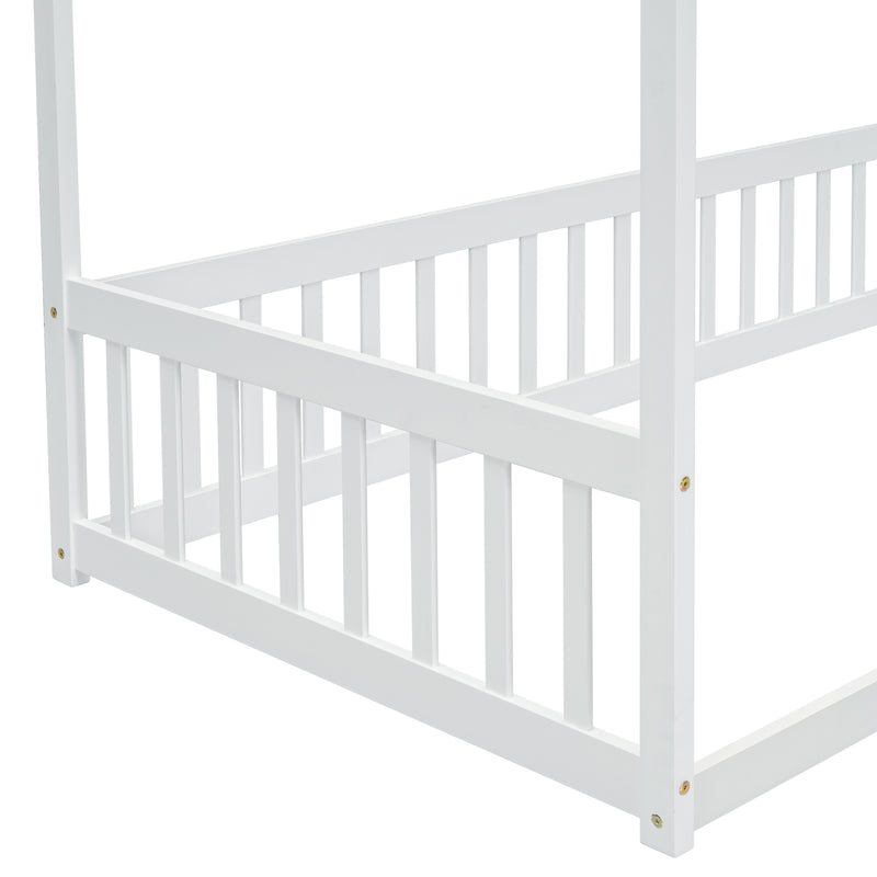 Twin Size Canopy Frame Floor Bed with Fence, Guardrails,White