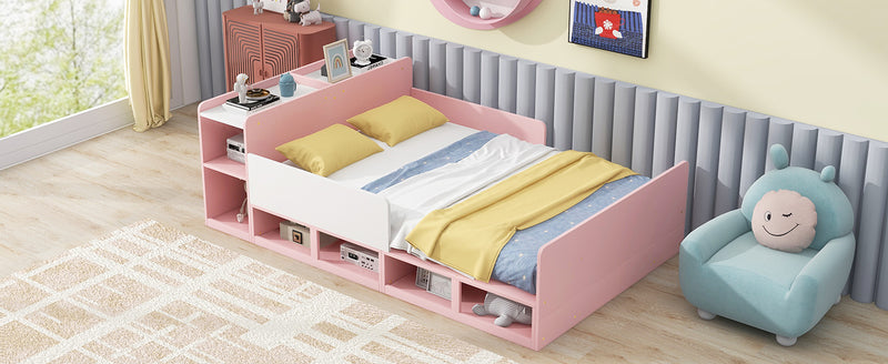 Wood Full Size Platform Bed with Storage Headboard, Guardrails and 4 Underneath Cabinets, Pink